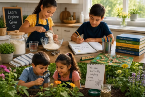 Children learn at home in a sunny kitchen and garden, baking, journaling, and exploring flowers; signs say Learn Explore Grow.