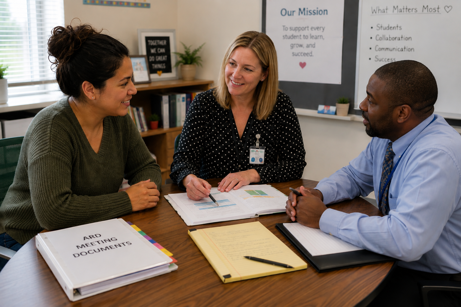 A parent and school staff work together during an ARD meeting, reviewing documents and discussing the child’s educational needs. The image highlights collaboration, communication, and planning for student success.