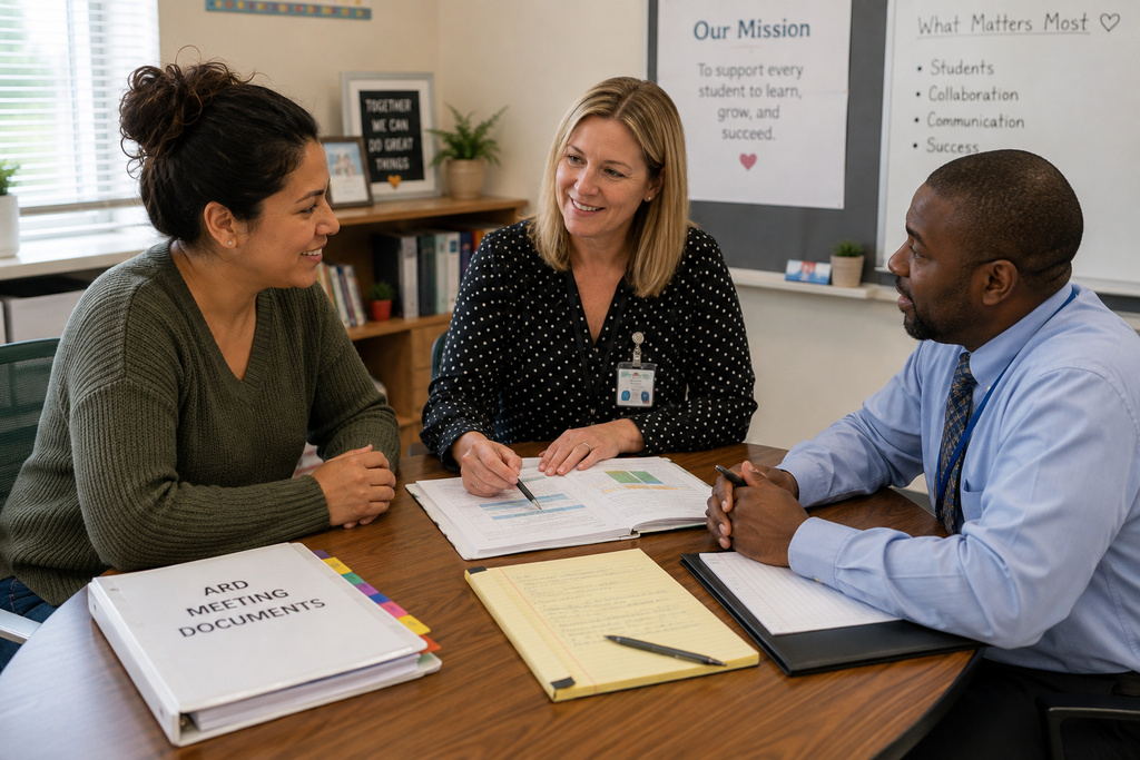 A parent and school staff work together during an ARD meeting, reviewing documents and discussing the child’s educational needs. The image highlights collaboration, communication, and planning for student success.