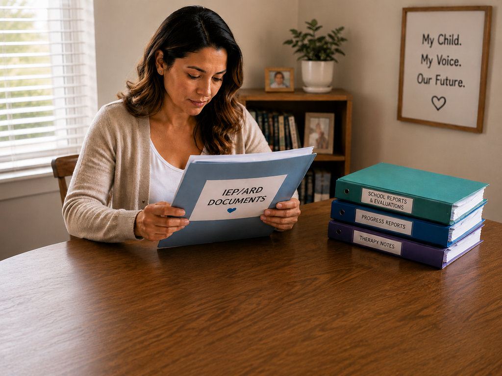 A parent reviews an IEP/ARD folder and school records while preparing for an upcoming meeting. The organized materials reflect thoughtful preparation and active advocacy for a child’s educational needs.