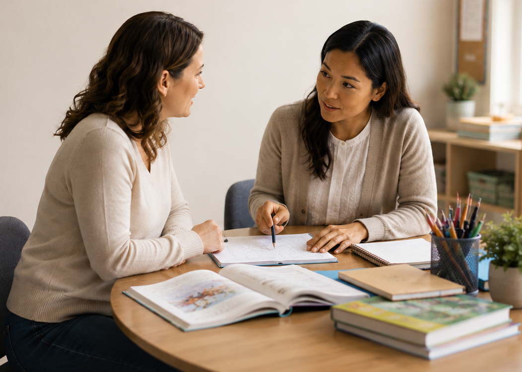 Parent and teacher discussing a child’s academic progress during a parent teacher conference